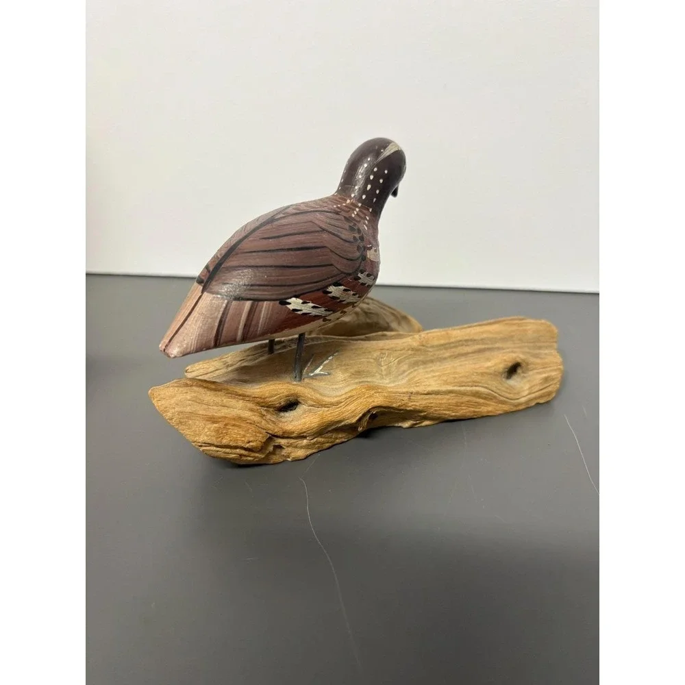 Vintage Hand Carved Painted Wood Bobwhite Quail Bird Figurine Driftwood Base